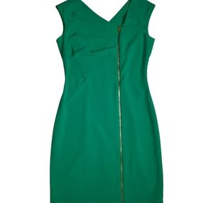 Calvin Klein Emerald Green Midi Sheath Dress with Gold Zip